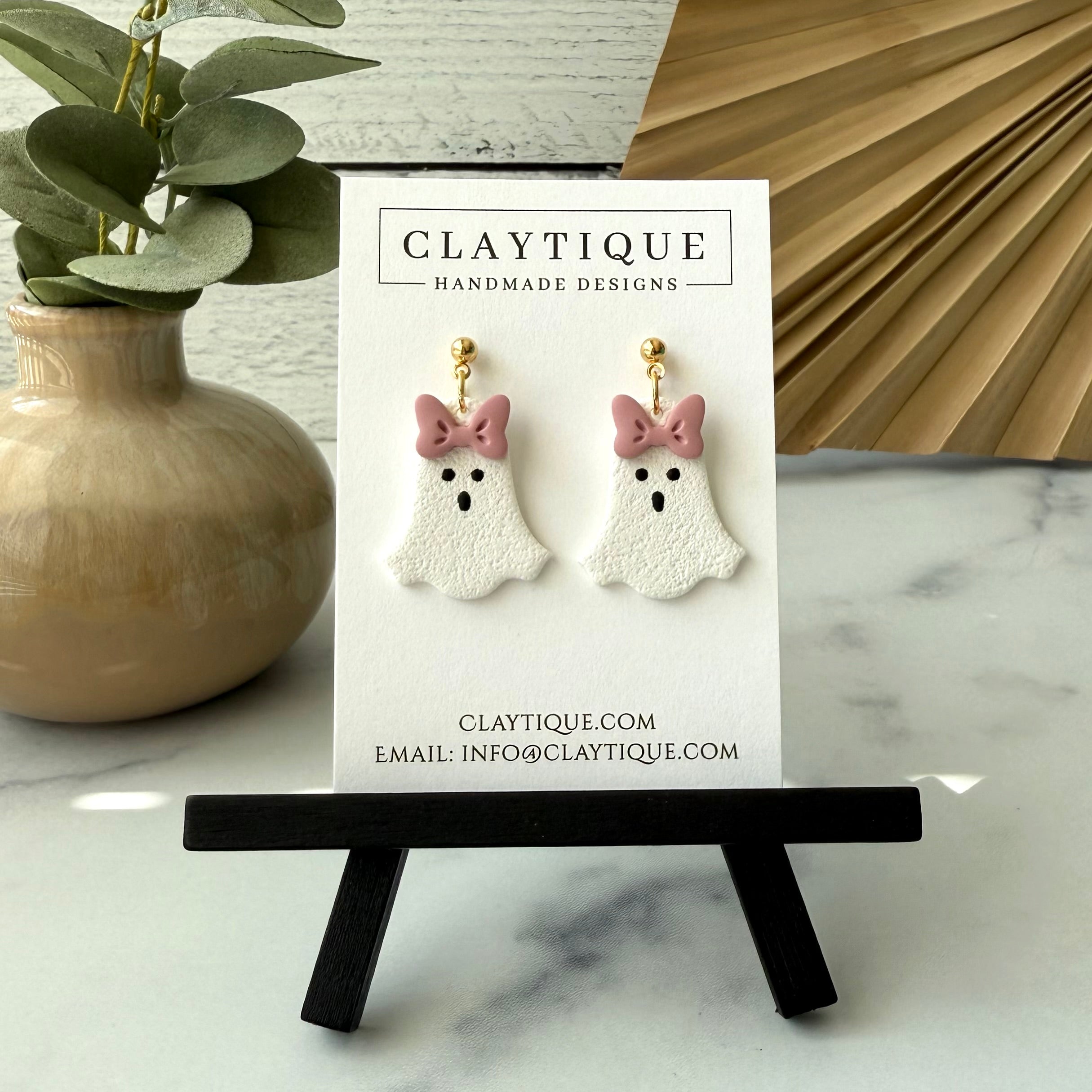 Halloween Ghost with Bow Earring – Claytique - Main Image