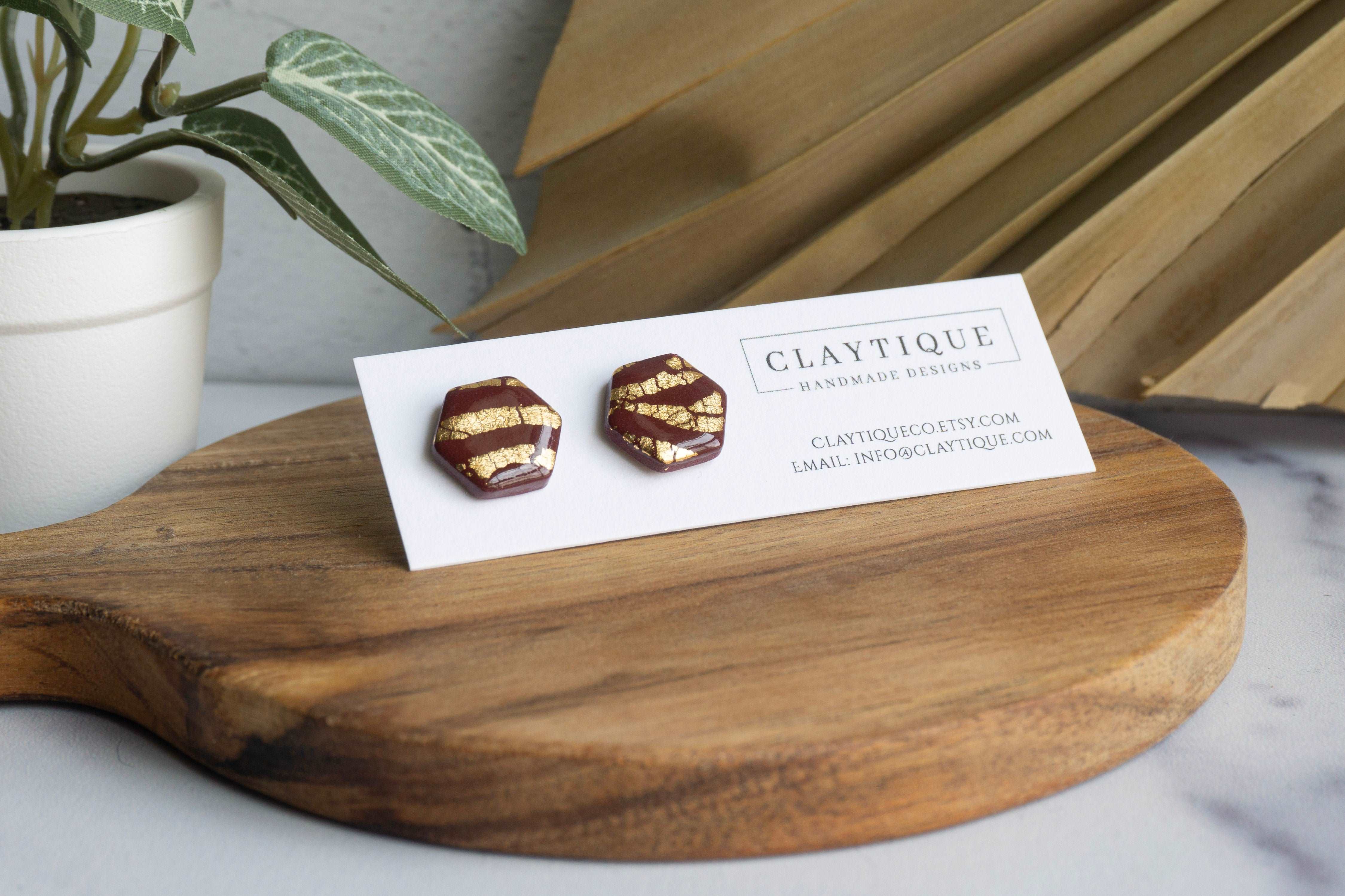 Maroon and Gold Hexagon Stud Clay Earrings