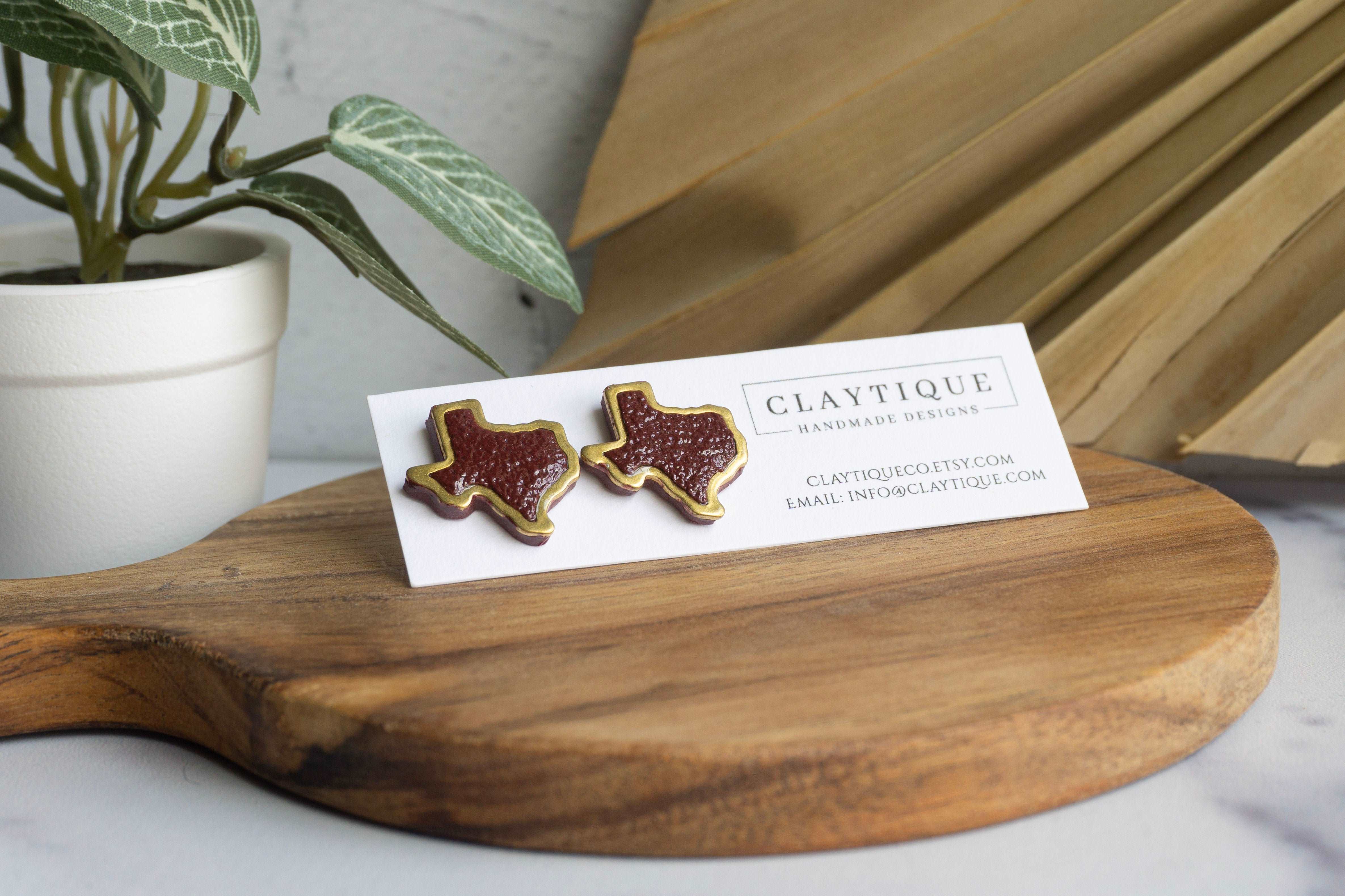 Maroon textured brass outlined Texas stud earrings handmade with polymer clay and 18K Gold plated stainless steel Hypoallergenic, nickel and lead free posts.