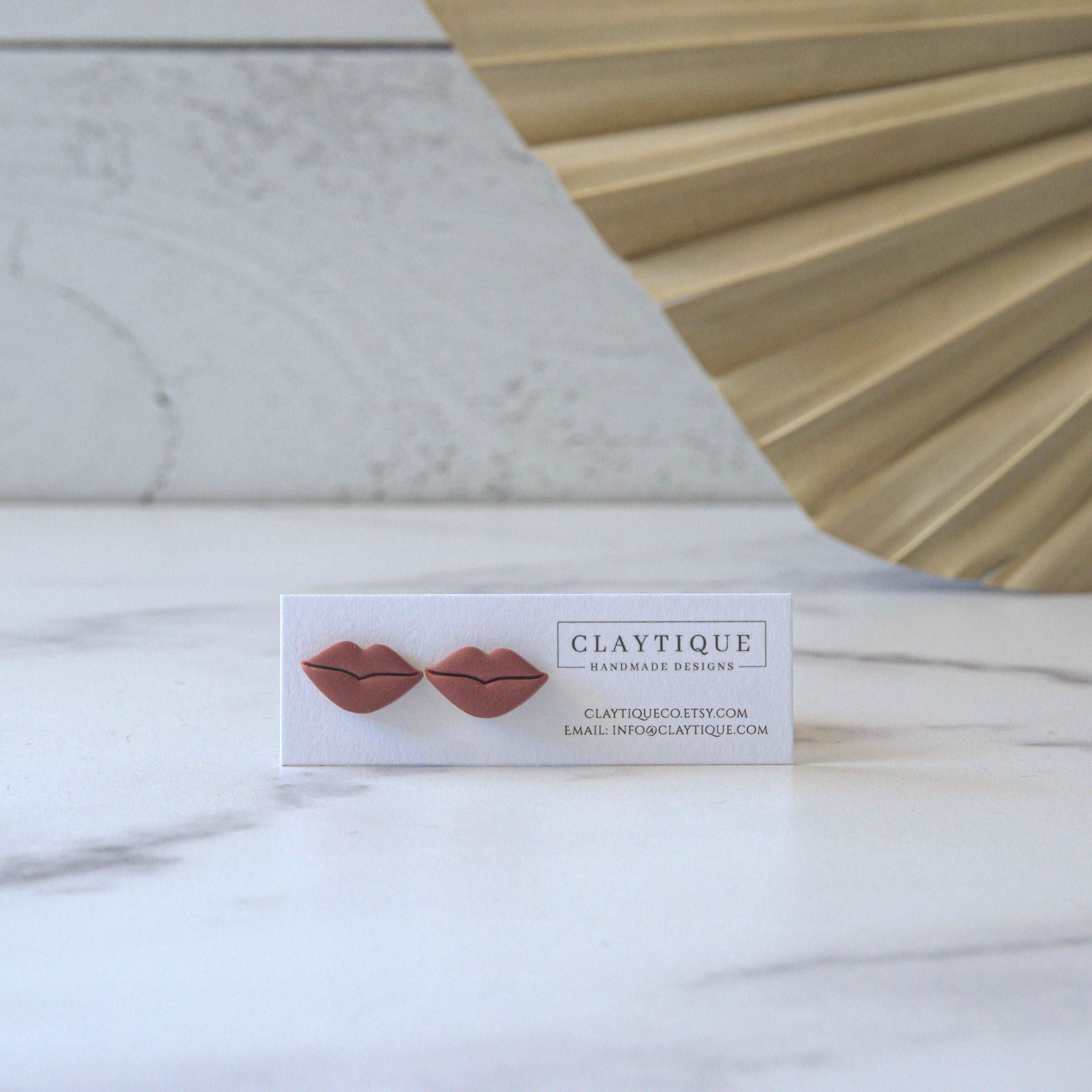 Rose colored Valentine's lip stud earrings handmade with polymer clay and 18K Gold plated stainless steel Hypoallergenic, nickel, and lead-free posts.