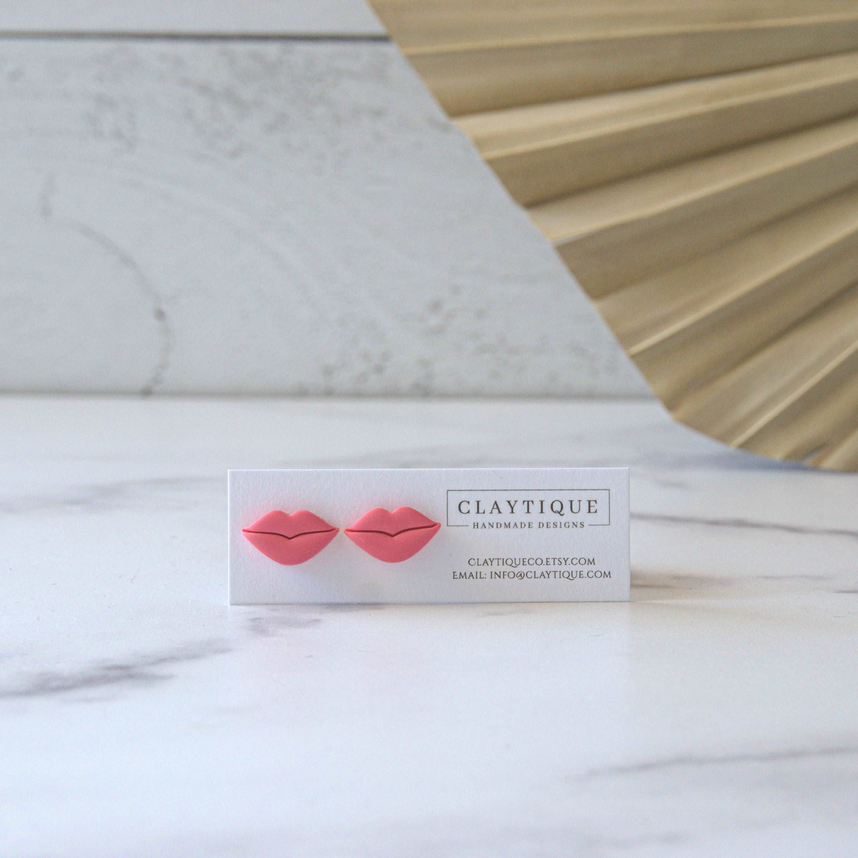 Valentine's lip stud earrings handmade with polymer clay and 18K Gold plated stainless steel Hypoallergenic, nickel, and lead-free posts.