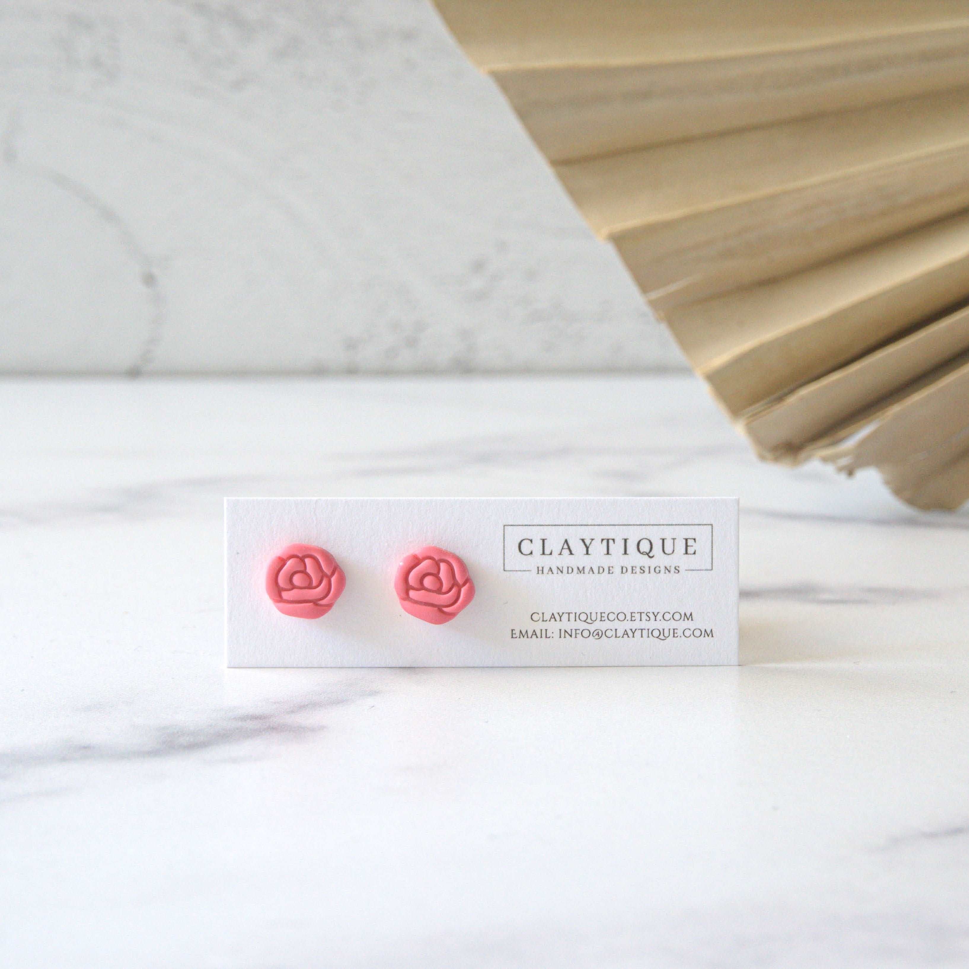 Valentine's rose stud made with handmade polymer clay and an 18K Gold plated stainless steel Hypoallergenic, nickel and lead-free post. 