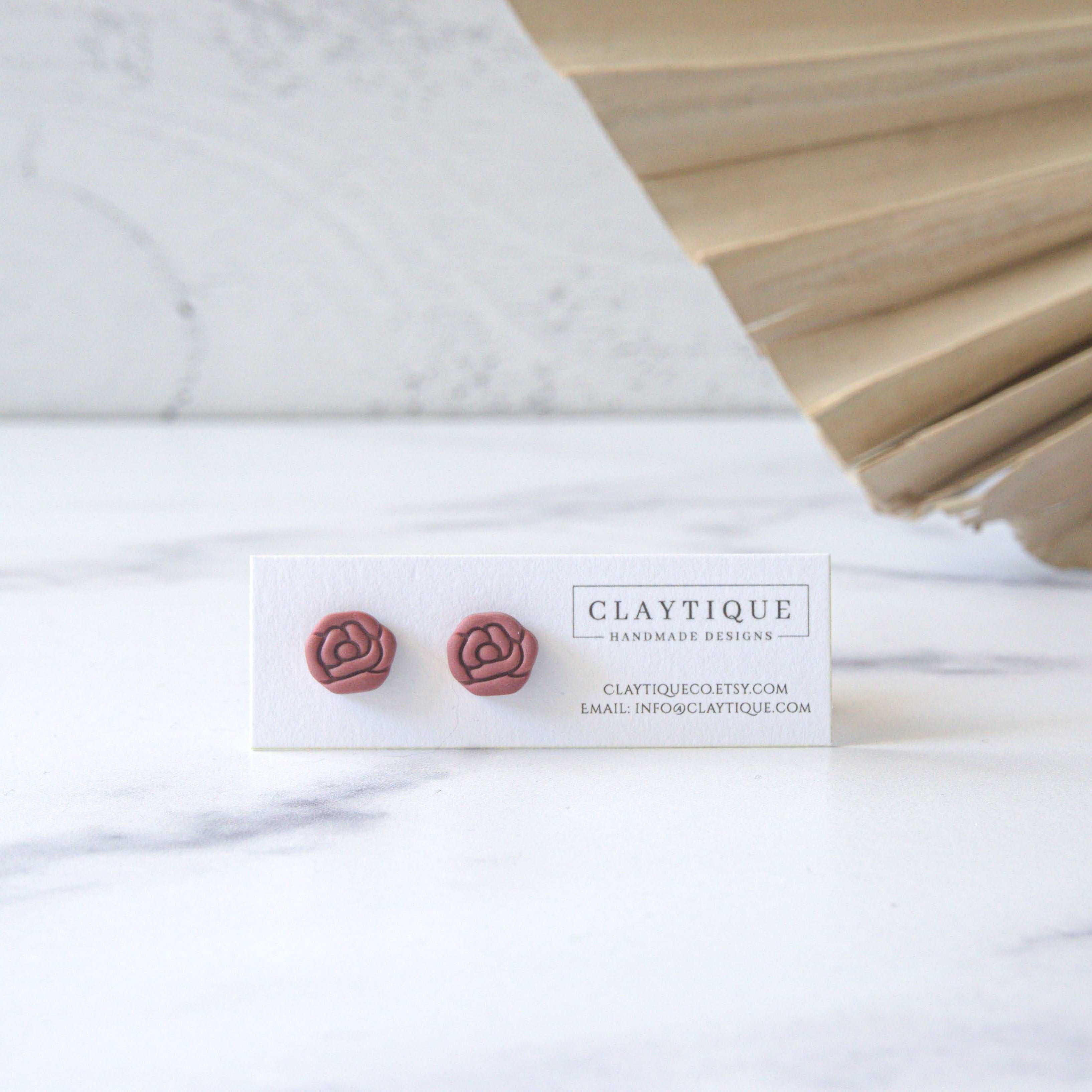 Valentine's rose stud made with handmade polymer clay and an 18K Gold plated stainless steel Hypoallergenic, nickel and lead-free post. 